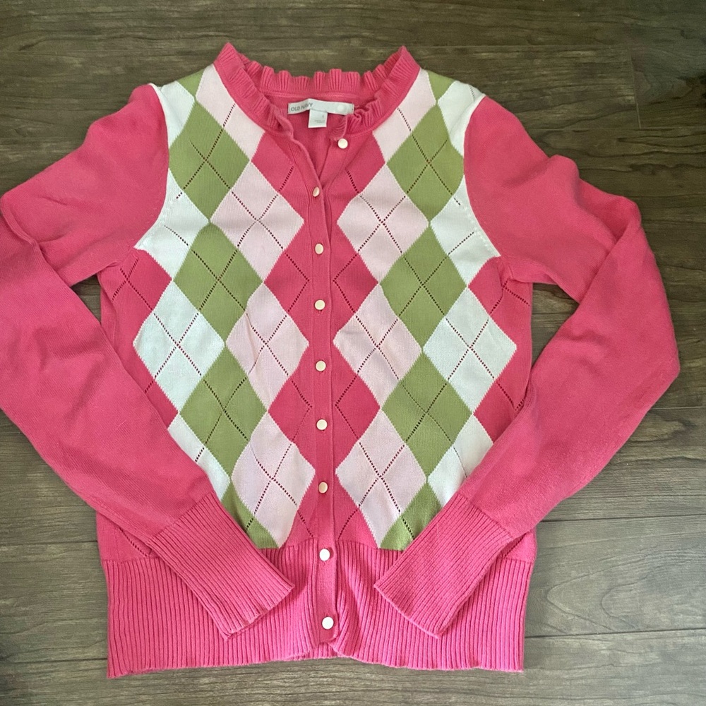 Old Navy Pink Argyle Button-Up Cardigan